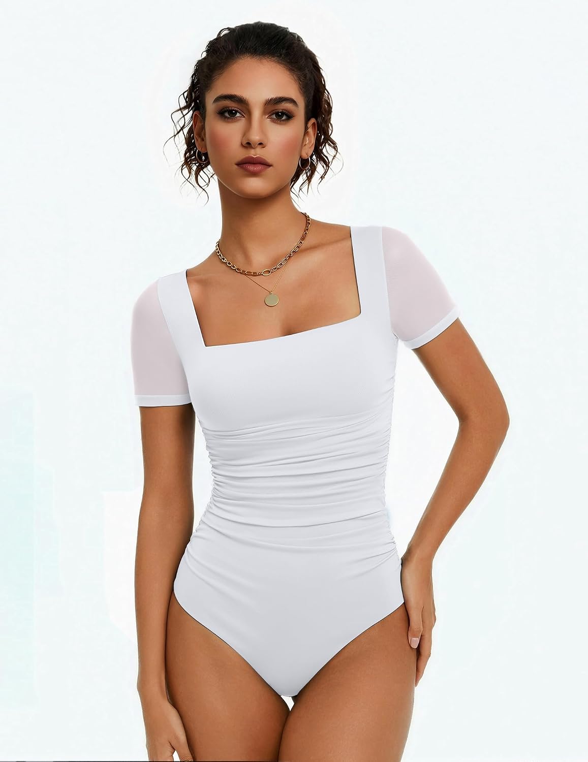 Avidlove Women's Short Sleeve Bodysuit Square Neck Sheer Mesh Bodysuit Leotard Ruched Thong Body Date Outfits Going Out Tops