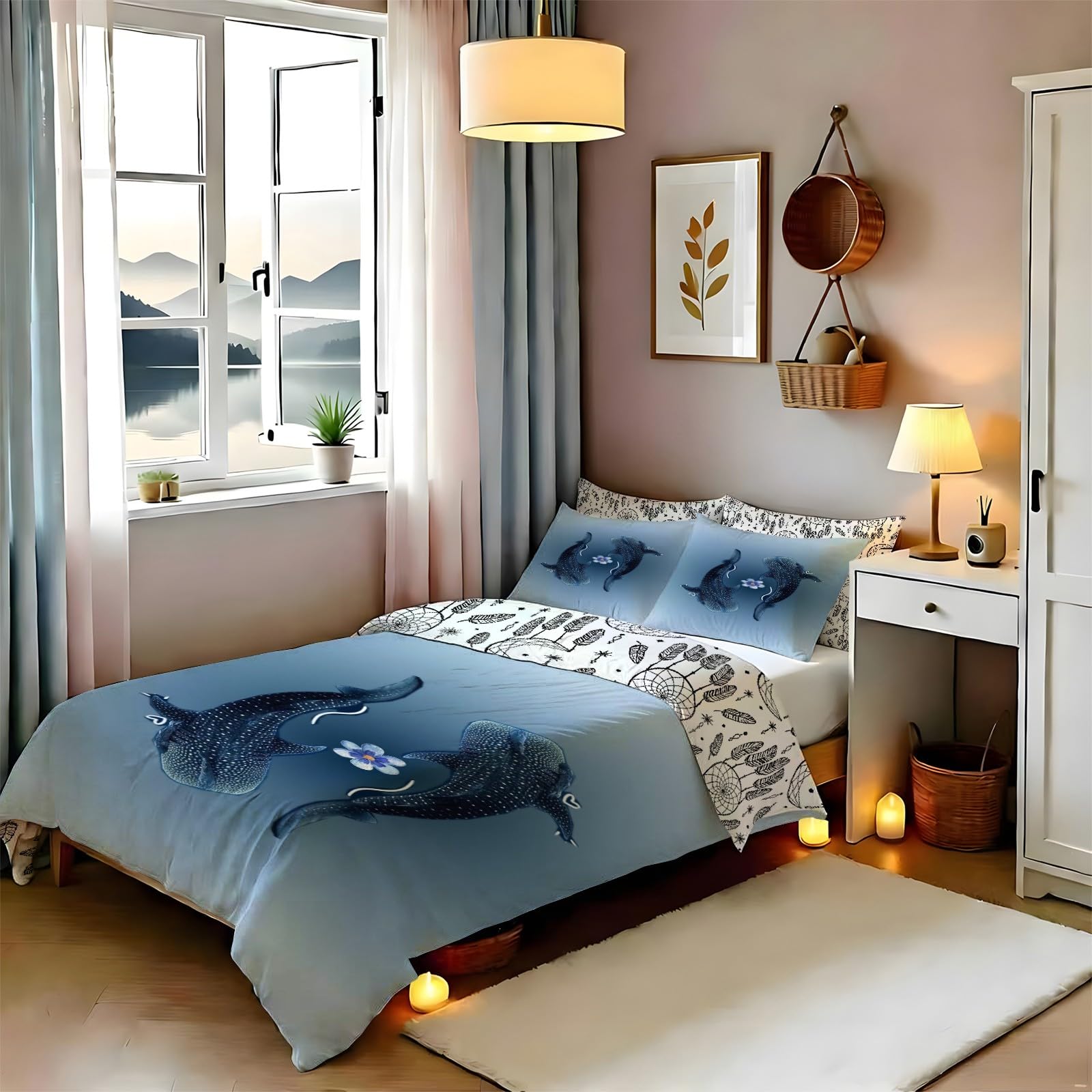 Housse de couette 200x200 animaux marins bleu lit 2 personnes avec 2 taies d'oreiller 65x65