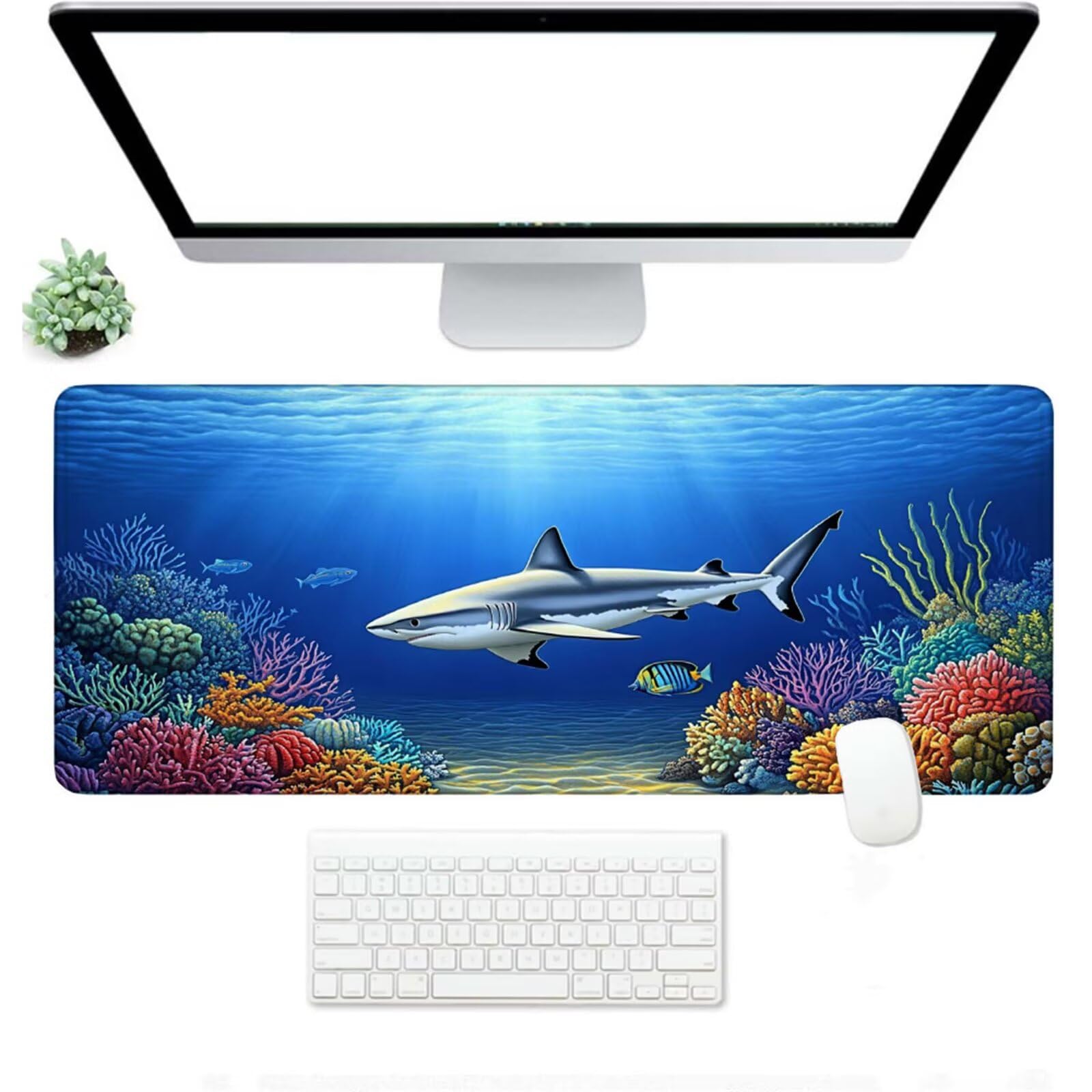 Podkładka pod mysz XXL 1200 x 400 x 3 mm, niebieska duża podkładka pod mysz z wodoodporną i antypoślizgową gumą rekin pod ręką biurko zszyte krawędzie, poprawia precyzję i szybkość dla gracza W-132