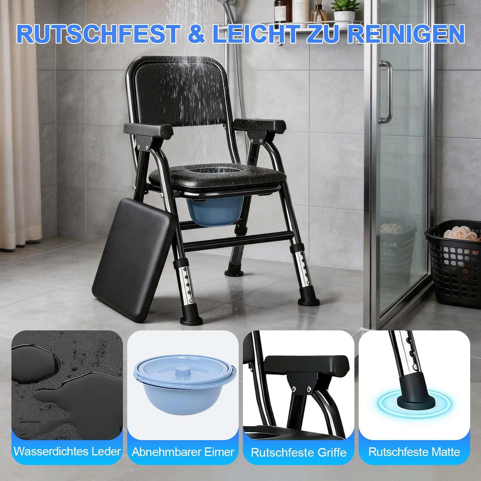 Toilettenstuhl für Senioren, Höhenverstellbaren Klappbar WC Stuhl Toilettenstühle mit Gepolsterter Sitzplatte und Toiletteneimer, Tragbar Duschstuhl Tragfähigkeit 150kg