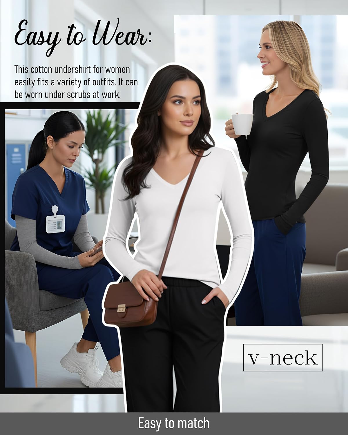 Oakgarden 5 Pack Women's Long Sleeve Under Scrubs V Neck Fitted Undershirts Basic Layering Tops for Nurse