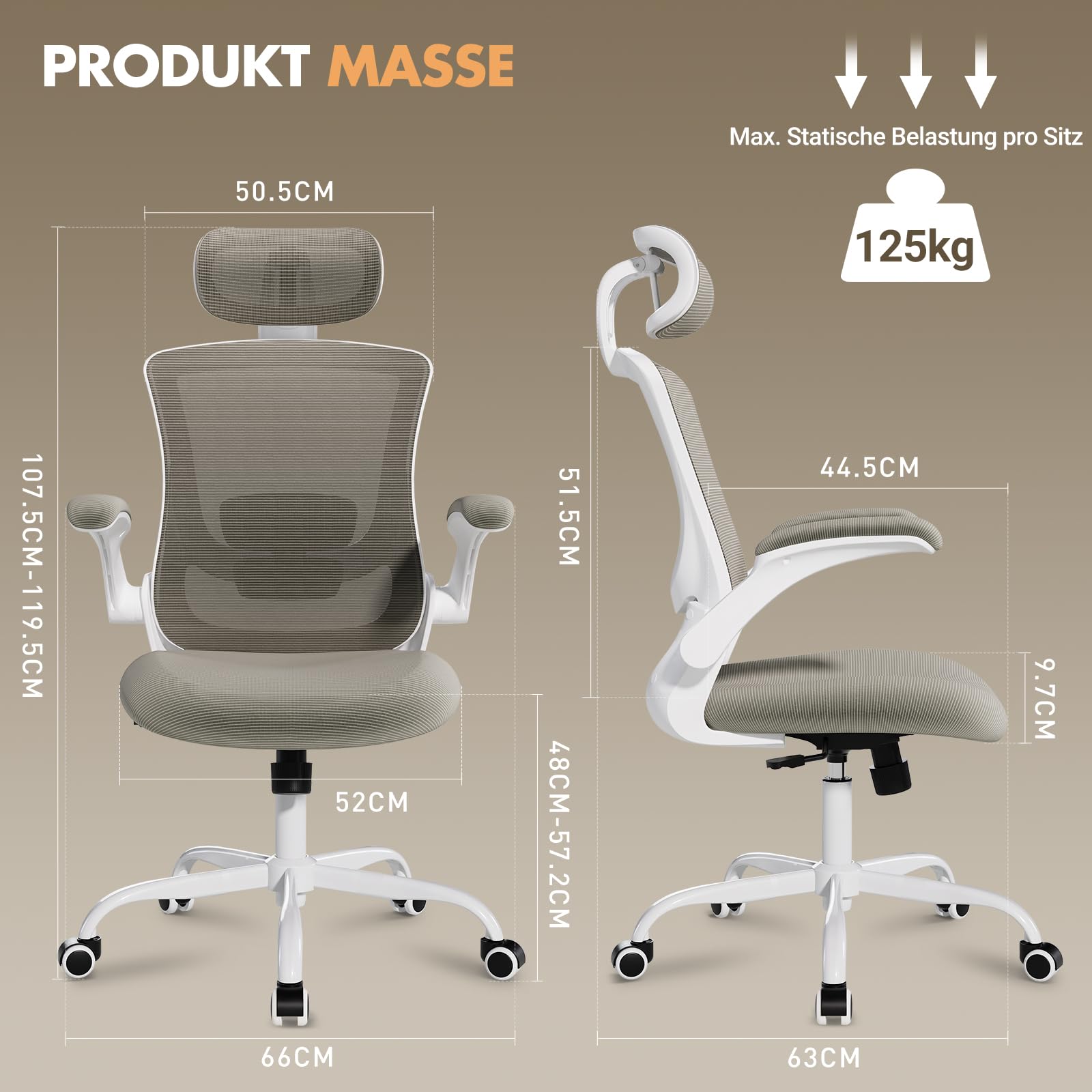 COLAMY Bürostuhl Mesh Computer Stuhl mit Verstellbarer Kopfstütze und Lendenwirbelstütze, Schreibtisch Ergonomischer Arbeitsstuhl mit hochklappbarer Armlehne, 140° Wippfunktion, Khaki