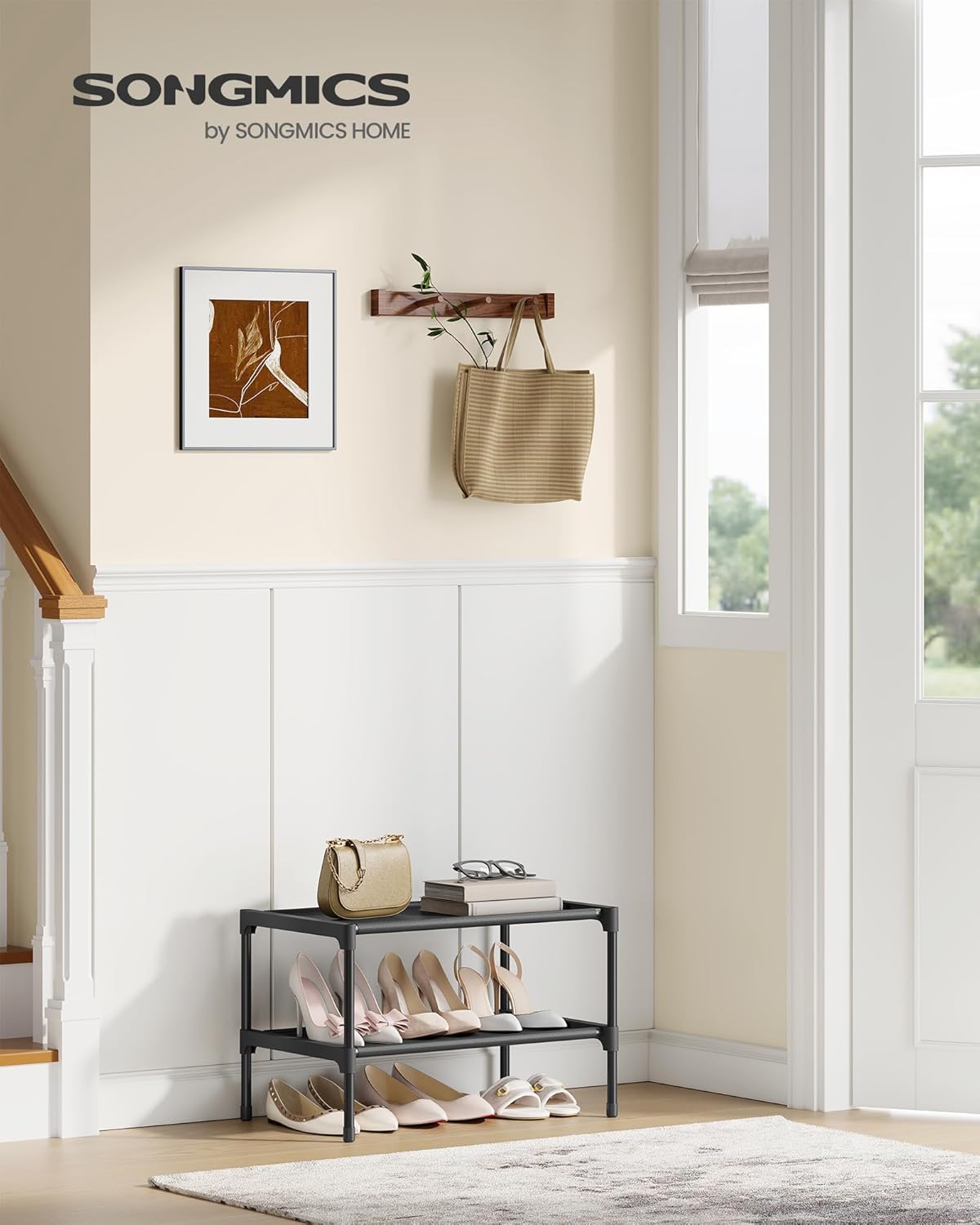 SONGMICS Shoe Rack, 2-Tier Shoe Storage Organizer, Space-Saving, 11.7 x 16.5 x 12.2 Inches, Entryway, Metal Frame, Non-Woven Fabric Shelves, Ink Black ULSH012BH01 2 Tiers (16.5"W)