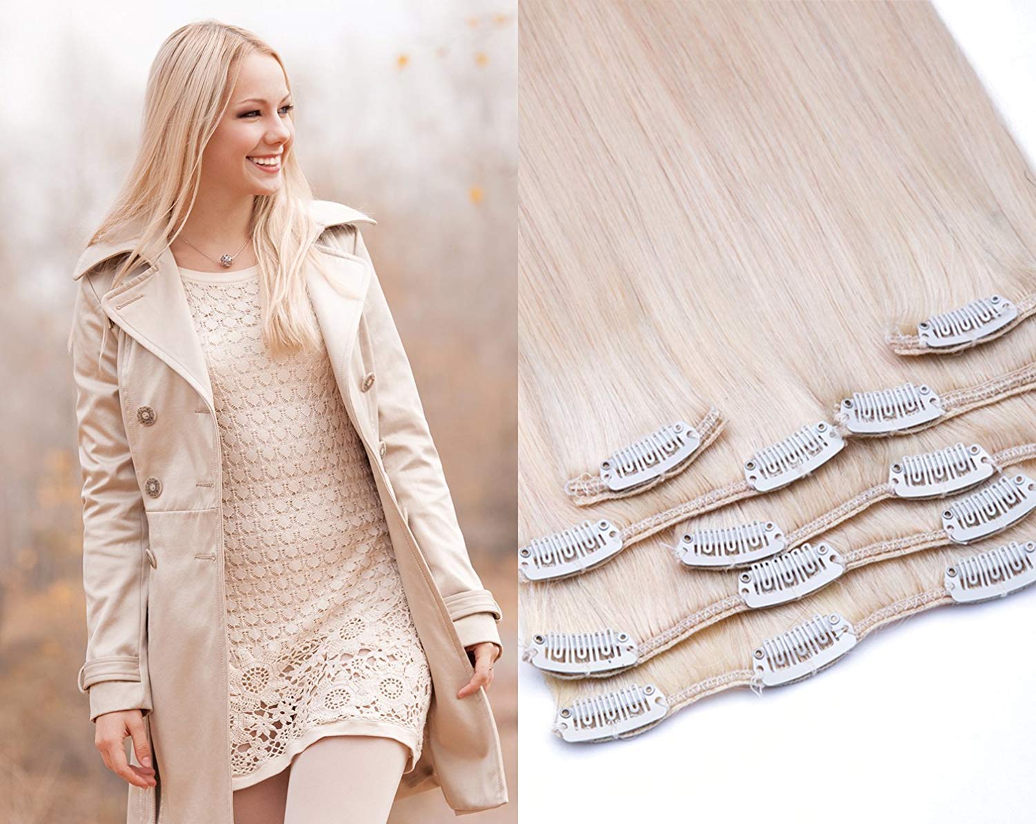Clip In Extensions Set 100% Echthaar 7 teilig 70g Haarverlängerung 55cm Clip-In Hair Extension in der Farbe #60 Weißblond