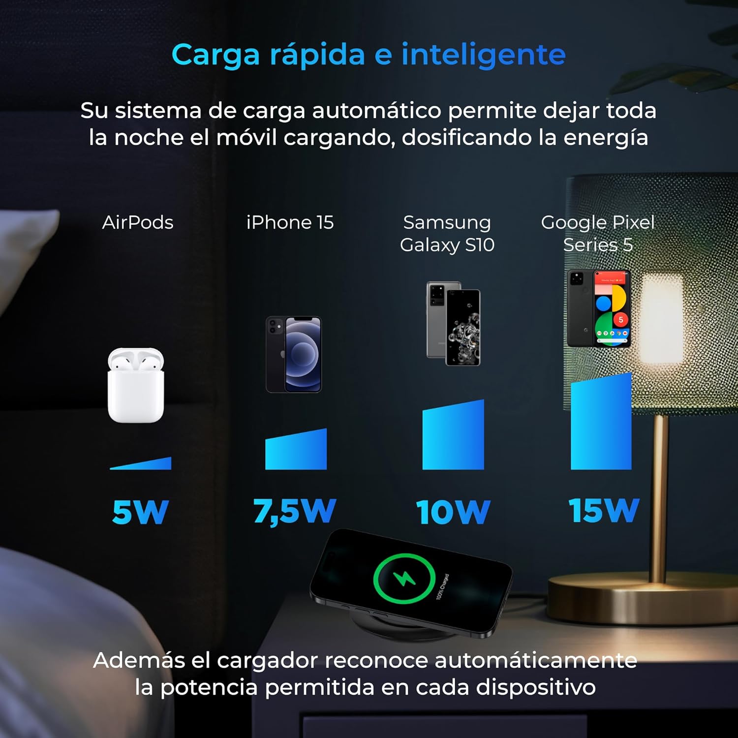 Base de Carga inalámbrica KSIX Fast Charge 15 W, para Smartphones y Auriculares Qi, Carga rápida, Cable USB-C a USB-C, Negro 4