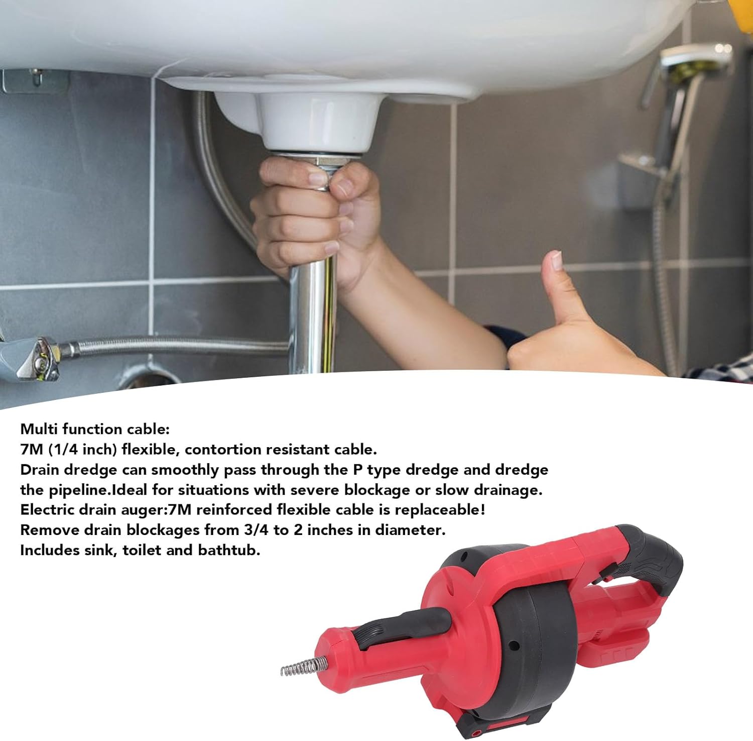FTVOGUE Cordless Electric Drain Auger being used to clear a sink drain, with the cable extended into the pipe.