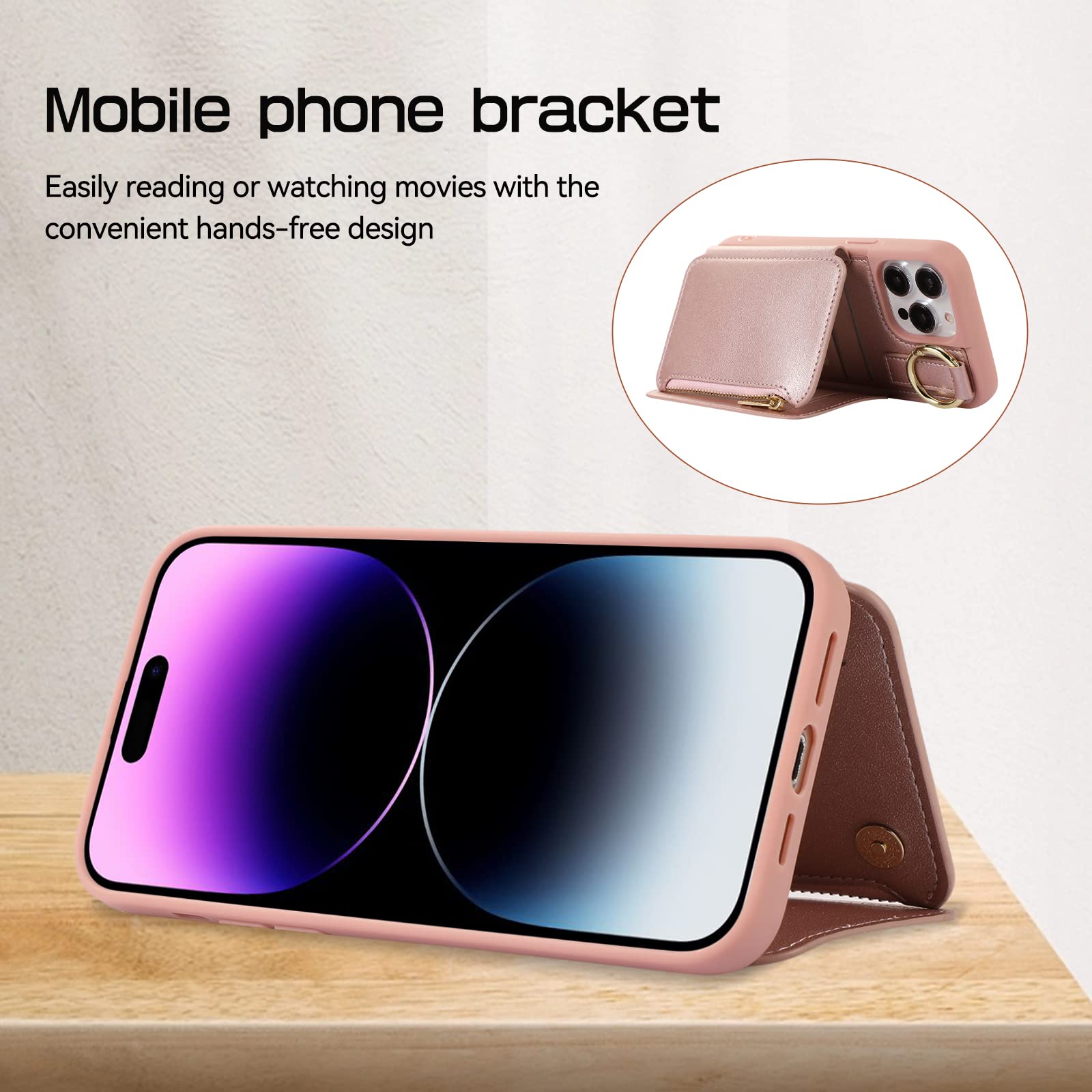 Nunwiza for iPhone 15 Pro Max Wallet Case Crossbody, RFID Blocking Leather Card Holder Phone Zipper Purse Cases with Shoulder Wrist Straps Women for Apple iPhone 15 Pro Max 6.7 inch Rose Gold