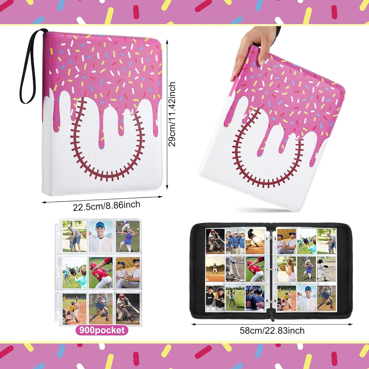 Ice Cream Drip Baseball Card Binder Trading Card Binder with Sleeves 900 Pockets 50 Double-sided 9-pocket Pages Gifts for Baseball Cards Collectors