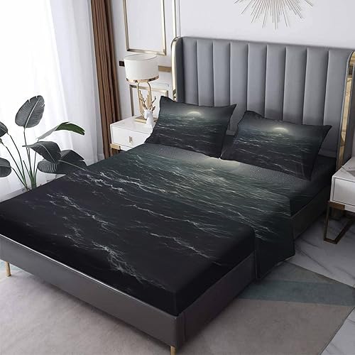 Juego de sábanas de mar tamaño Queen, diseño de océano de luna, sábanas y fundas de almohada de 4 piezas, sábana bajera ajustable de microfibra