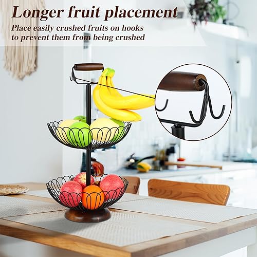 Miniatura 4 de Paquete de 2 fruteros de 2 niveles con colgador de plátano y mango de madera, cesta de verduras de alambre de metal para encimera de cocina