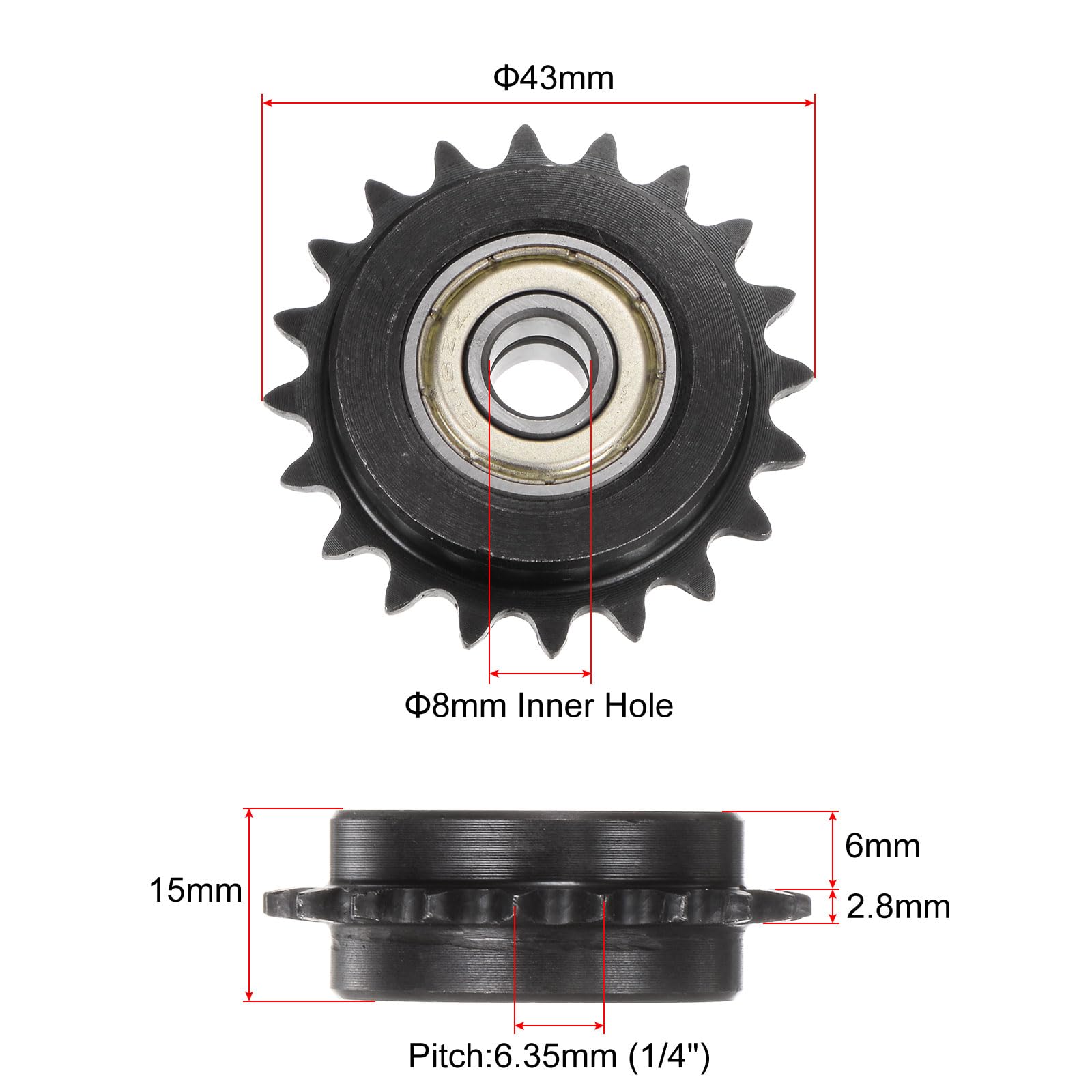 QUARKZMAN 2 Pezzi Pignone Tenditore per Catena a Rulli Ansi #25 / Din(Iso)04C, Foro 8mm, Passo da 1/4", 20 Denti Temprati, con 2 Cuscinetti (Tipo B) Inseriti