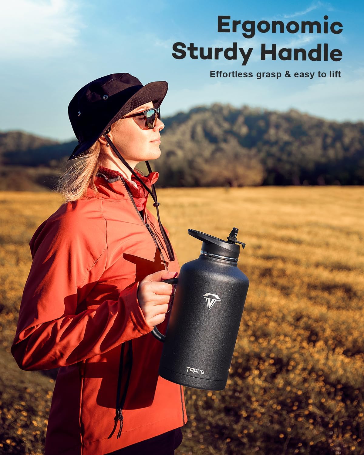 Half Gallon Water Bottle with Straw and Lid, 64 oz Insulated Stainless Steel Jug with Handle,Reusable Metal Travel Flask Mug Cup With Carry Pouch and Brush,Keep Cold & Hot,Black - Image 2