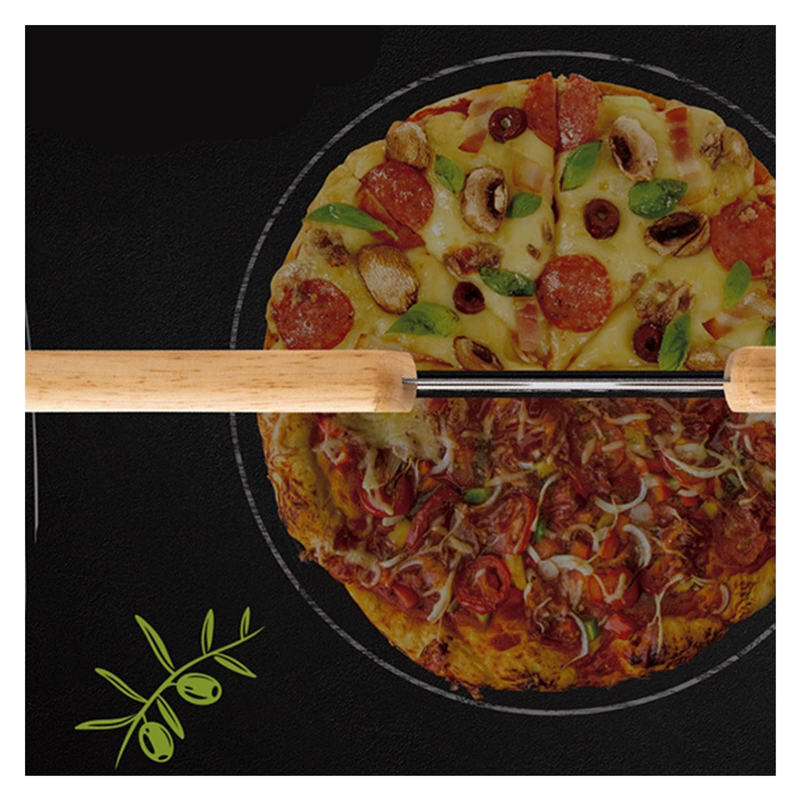 Nóż do pizzy 36CM kuchnia nóż do pizzy ze stali nierdzewnej drewniany podwójny uchwyt nóż do pizzy krajalnica do ciasta krajalnica do pizzy;