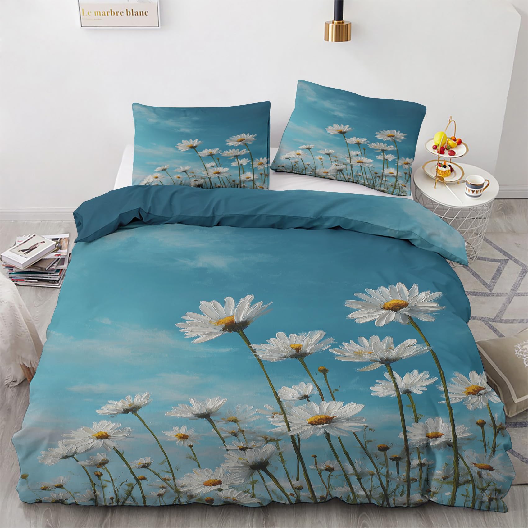 Housse de couette réversible ciel bleu en microfibre douce avec motif marguerites