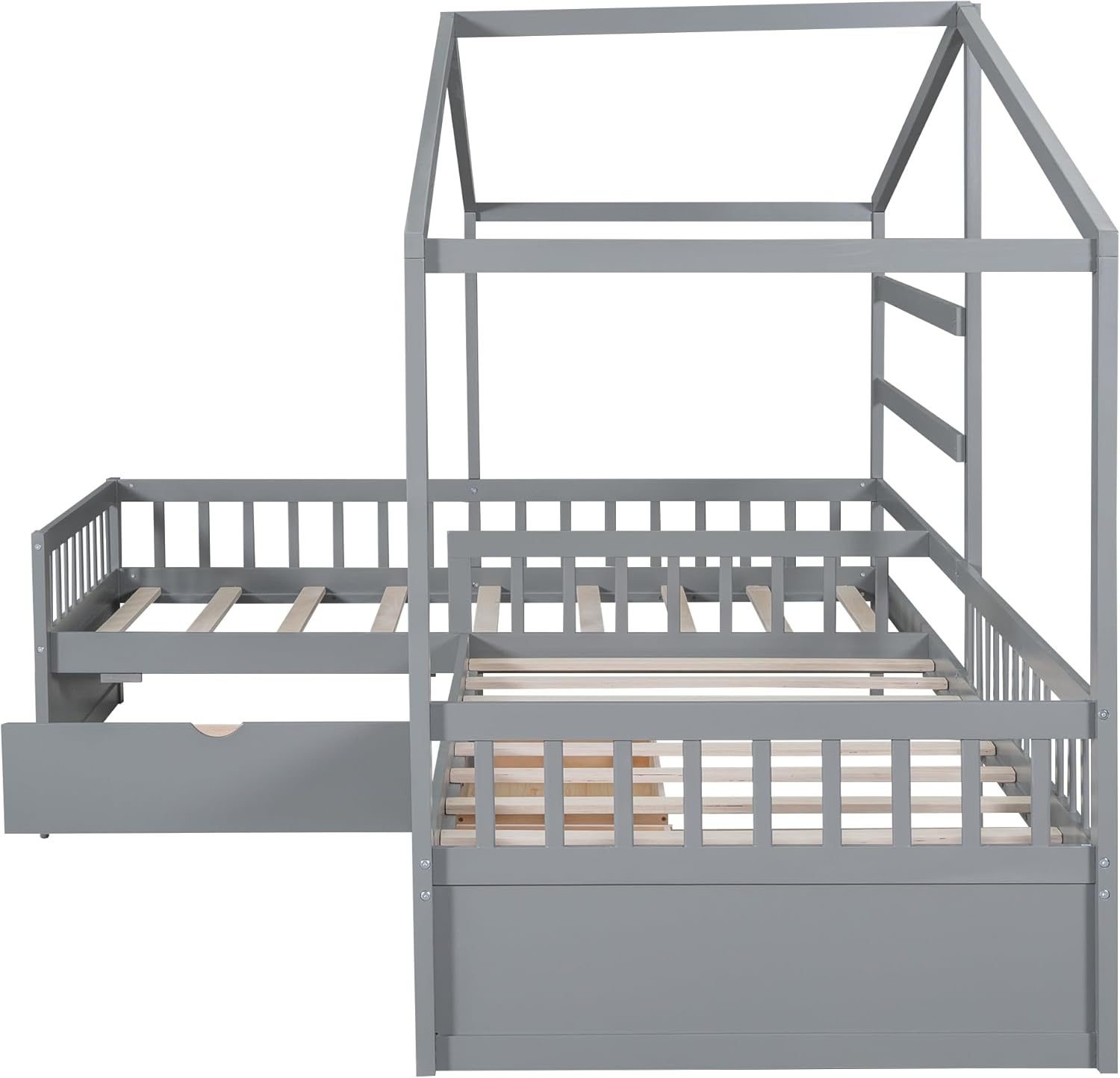 Bellemave Twin Wooden House Bed with Storage Drawers - L-Shaped Corner Platform Bed with Three Large Drawers, Space Saving Design for Children's Room (Grey)