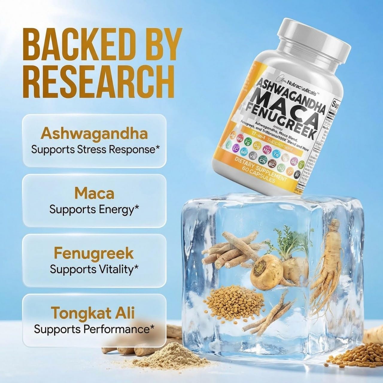 Clean Nutraceuticals Ashwagandha Maca Root Fenugreek Supplement with Tongkat Ali Ginseng - Assists with Stress, Mood & Thyroid - Ashwagandha Capsules Fenugreek Caps — Amazon image 3