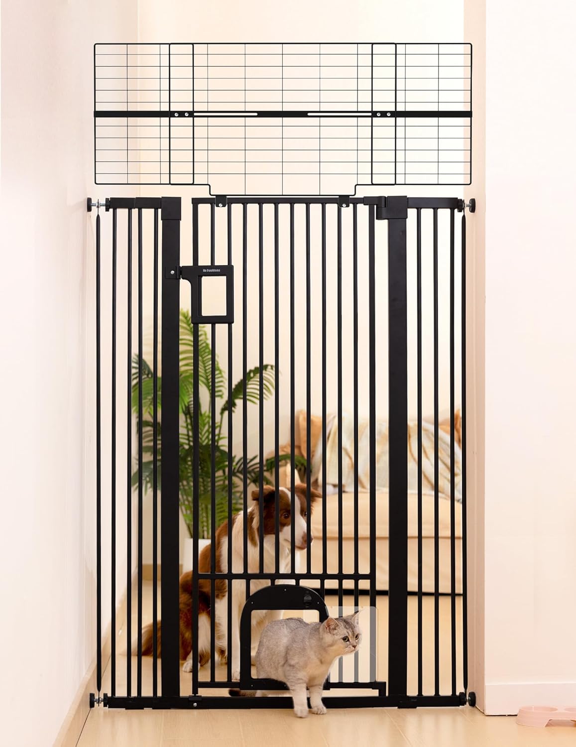 No Pawblems 71" Extra Tall Pet Gate with Adjustable Cat Door, 29-43" Auto Close Dog Gate, NO Drilling Pressure Mounted for Doorways/Hallways, 1.37" Narrow Bar Spacing, Black