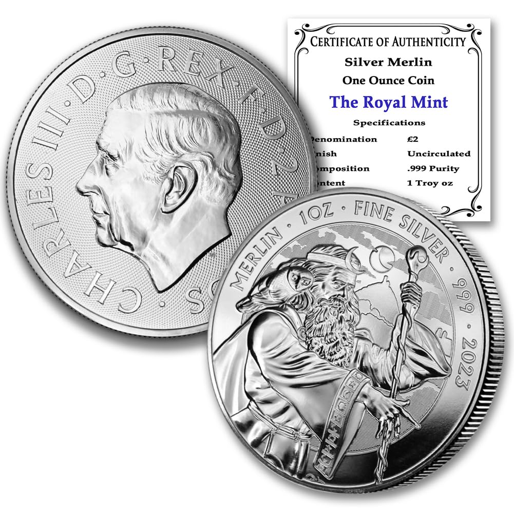 2023-1 oz British Silver Merlin Coin by the Royal Mint Brilliant Uncirculated with Certificate of Authenticity £2 Seller BU