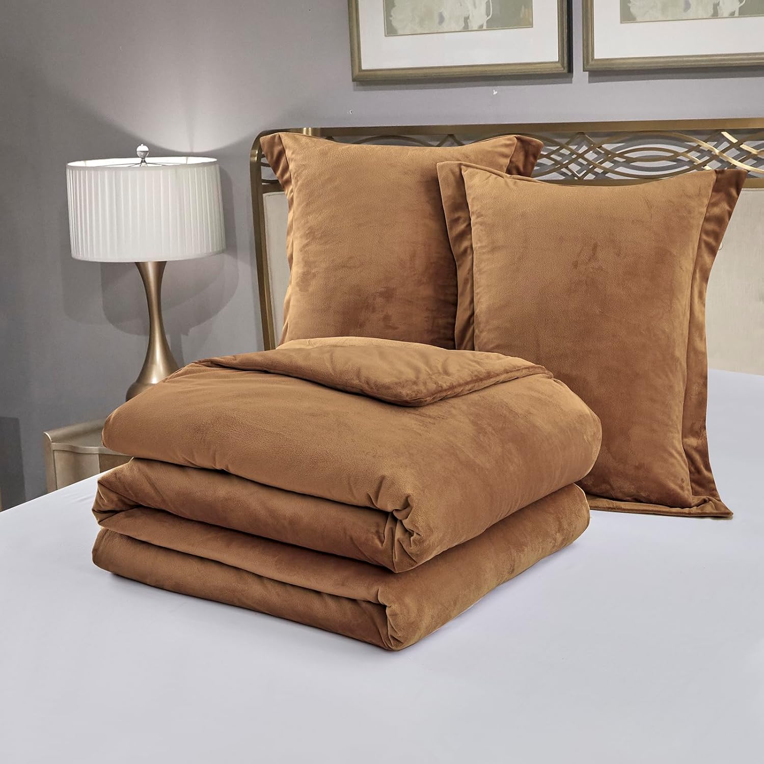 Luxury Fluffy Velvet Comforter Set, 3 Pieces Reversible Comforter Queen Size with 2 Pillow Shams,Velvet Front and Back, All Season Cozy, Soft, Warm, Middle Weight (Caramel Gold, Queen)
