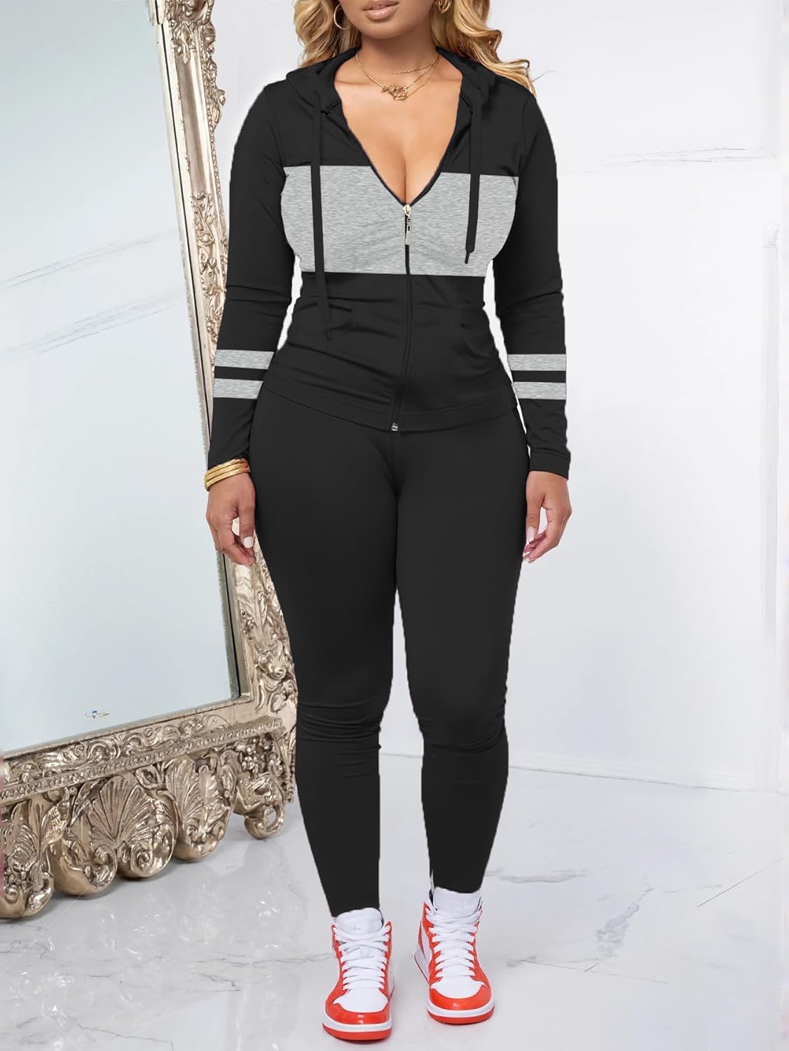 AUXDIO Women 2 Piece Outfits Color Block Casual Workout Sets Bodycon Tracksuit Zip Up Long Sleeve Hoodle Jacket Jogger Set - Image 2