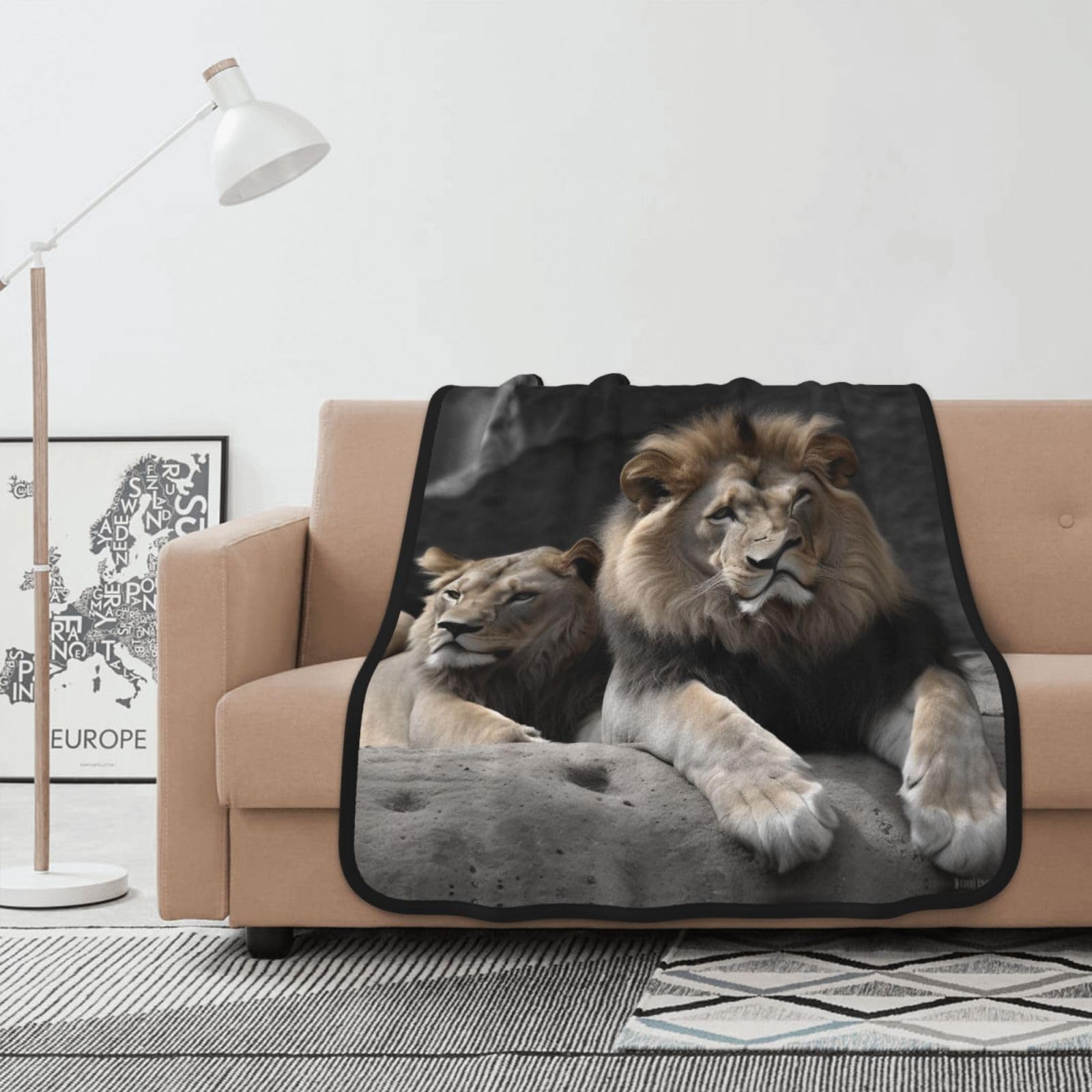Couverture polaire lions contre le froid : plaid en flanelle léger et chaud