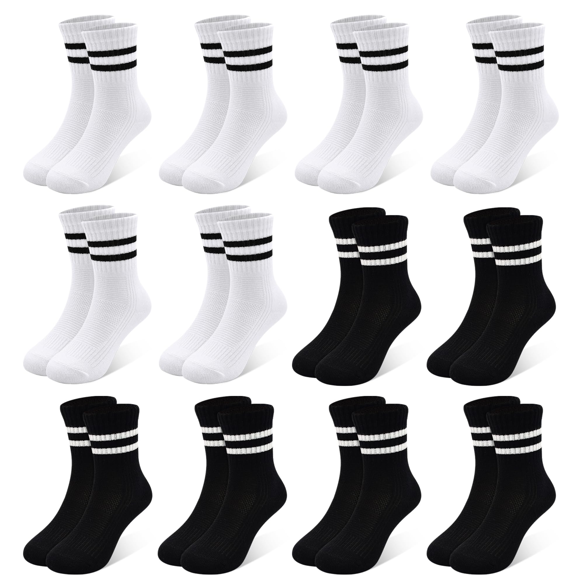 12 Pairs Boys Athletic Crew Socks, Black School Socks 1-12 Years
