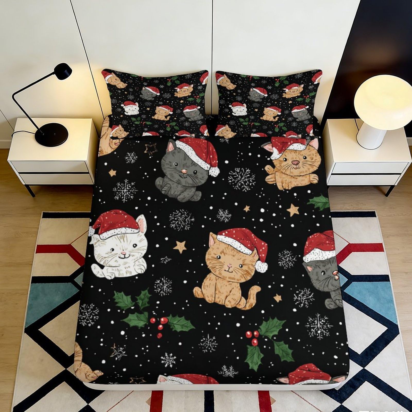 3D Printed Christmas Cat Fitted Sheet Microfiber Soft Breathable Santa Hat Bed Cover for Bedroom Dorm Room Decor 90x200x25cm