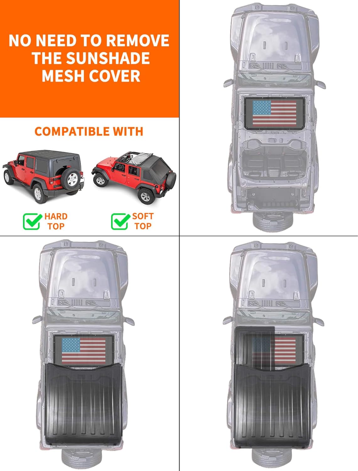 Savadicar Mesh Shade Top, Roof Sunshade Cover for 2018-2023 Jeep Wrangler JL JLU 4XE & Gladiator JT, UV Protection & Heat Reduction for Enhanced Comfort on the Road, Colorful Amercian Flag, Black