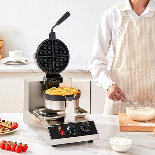 Miniatura 8 de VEVOR Máquina de gofres comercial, plancha redonda de gofres de 1300 W, máquina para hacer gofres giratoria antiadherente con rango de temperatura