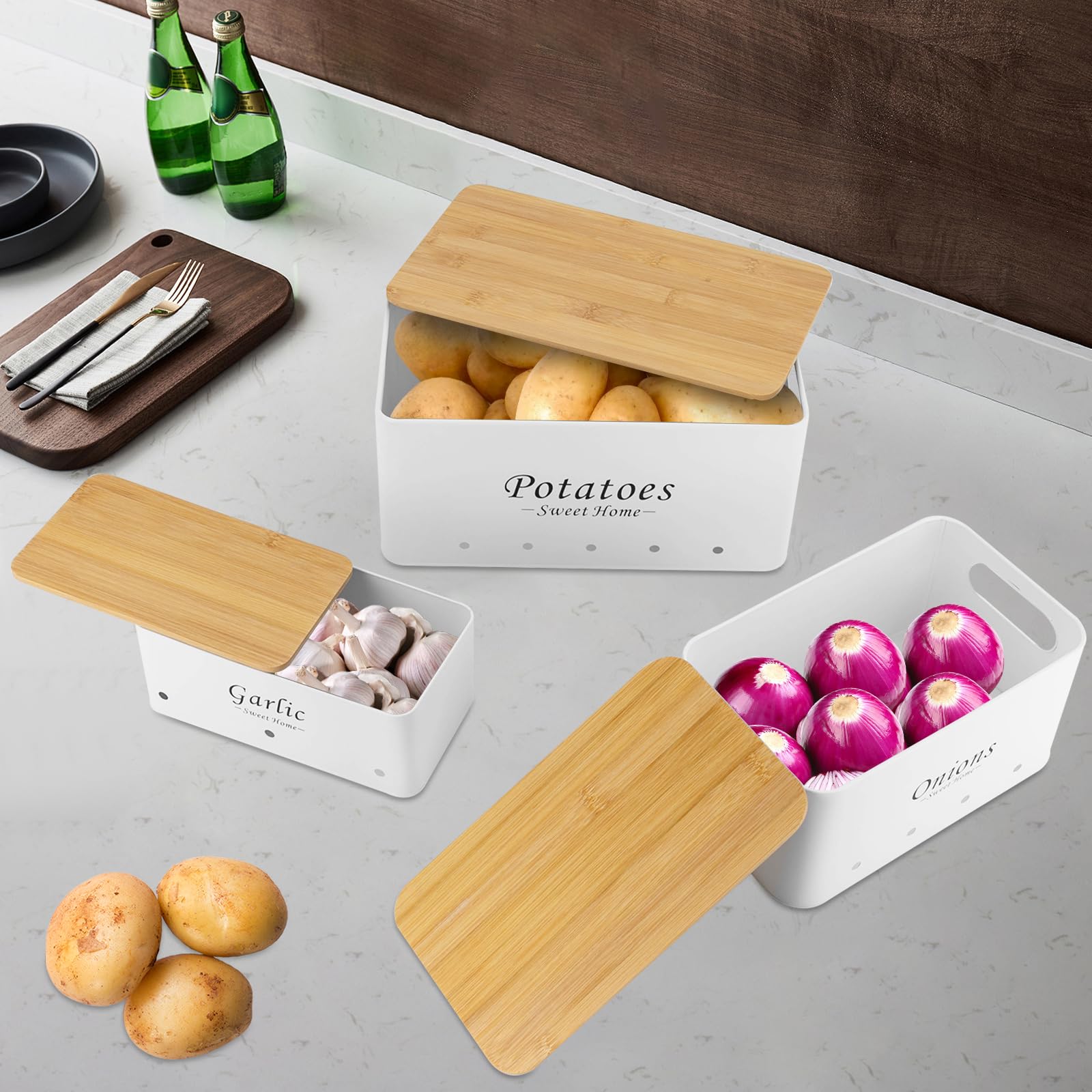 Juego de contenedores de 3 piezas, apilable, con asas ventiladas, recipiente de almacenamiento para organizar cebollas, patatas y ajos en la cámara de almacenamiento de cocina