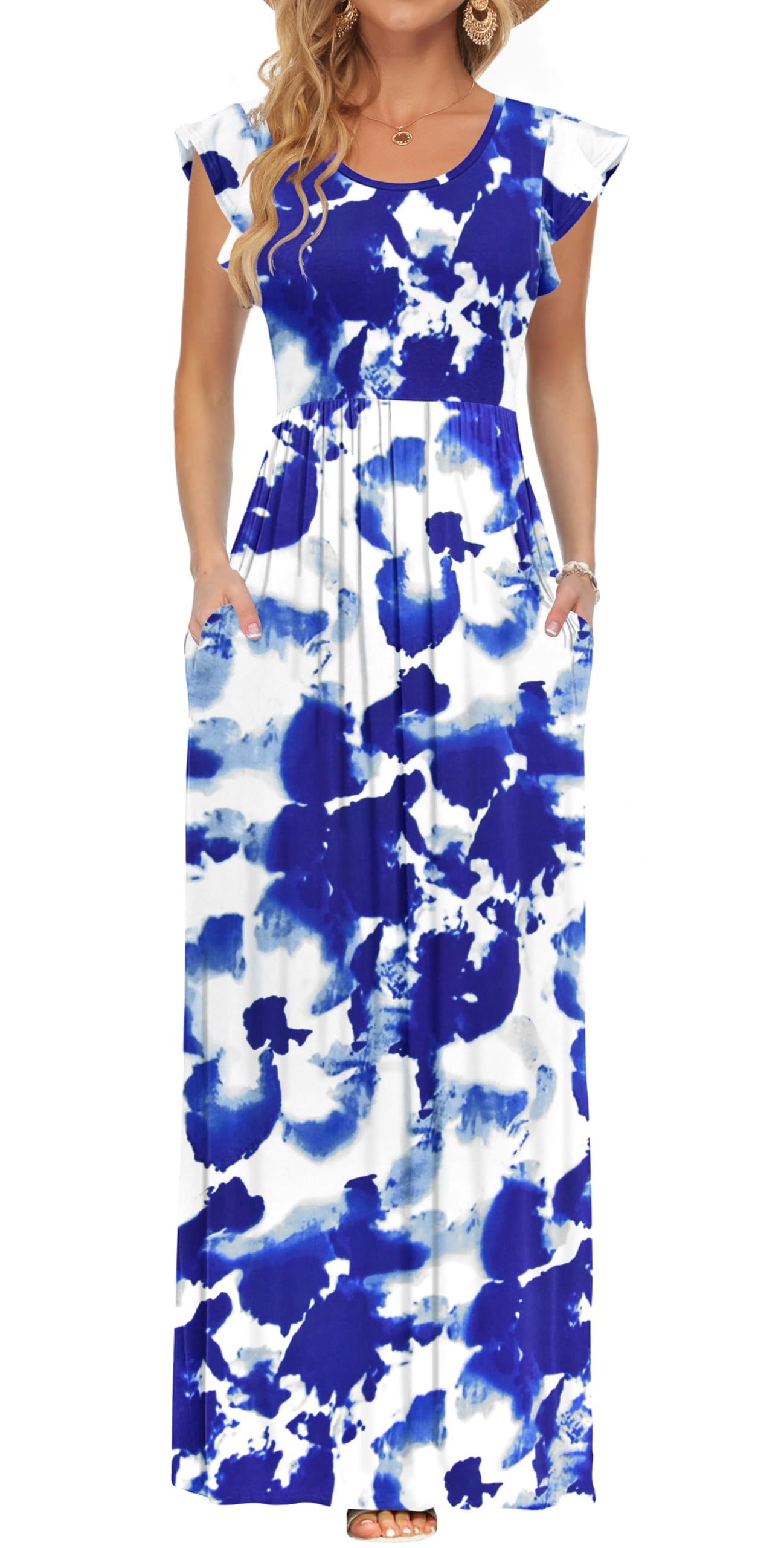 AUSELILY Vestido Largo para Mujeres Vestido de Manga Corta con Pétalos en Volantes Vestido Elástico Casual con Bolsillo Vestido Elástico