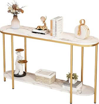 Faux Marble Gold Entryway Console Table,2-Tier Modern Console/Accent Table,Behind Sofa Couch Table,with Metal Legs,for Entrance, Living Room, Bedroom Gold & White