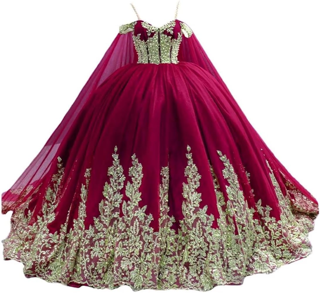 Dydsz Women's Sparkly Appliques Quinceanera Dresses with Cape Beaded Sweet 16 Prom Ball Gown