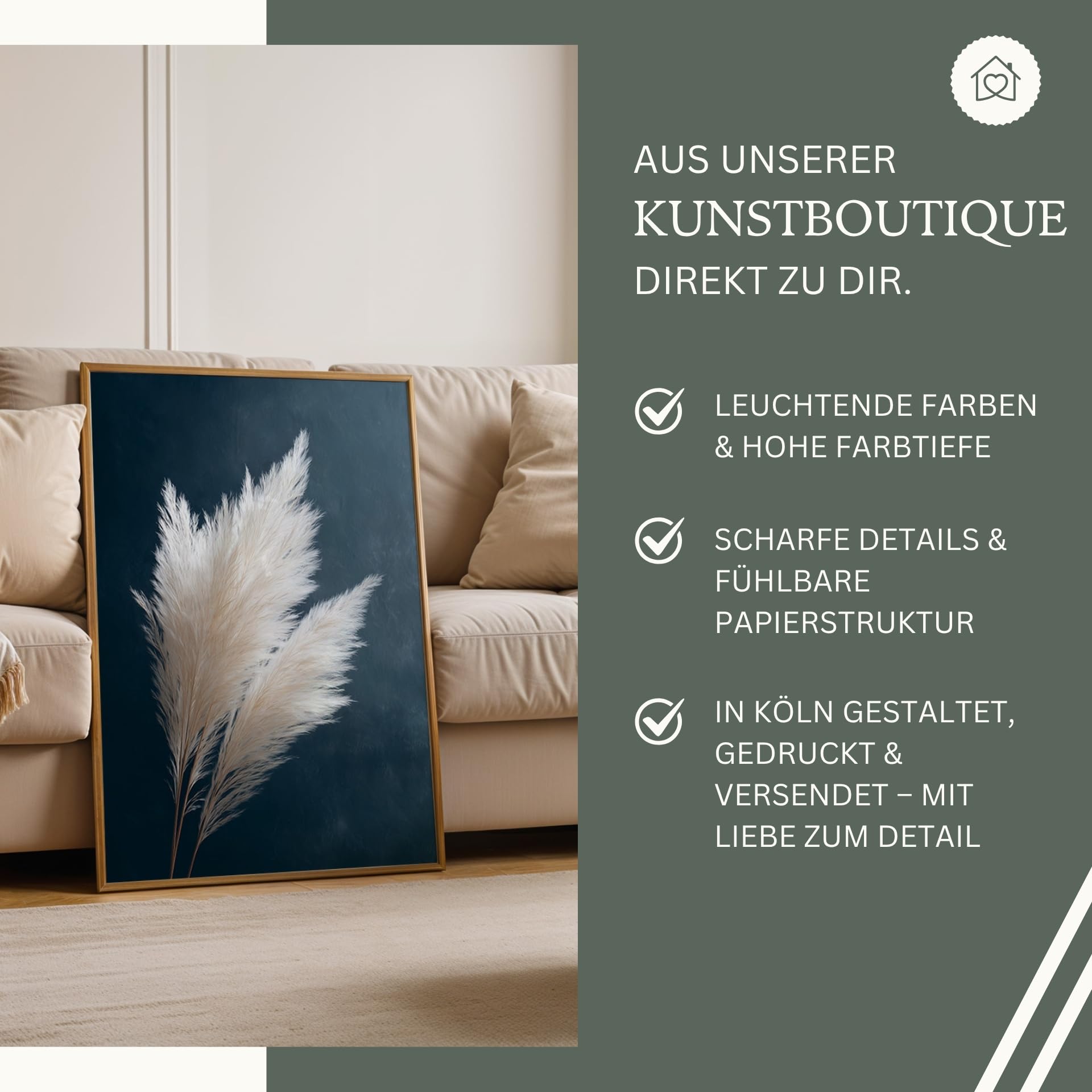 MJ-GRAPHICS® Poster Set Dunkelblau Pampasgras 2x A2 cm mit Rahmen Boho Wandbilder Kunstdrucke modern Bilder Set Wohnzimmer Schlafzimmer Deko Beige Blau Pflanzen