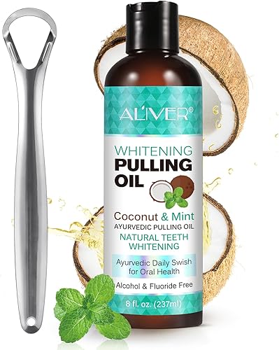 Aceite de extracción de coco (8 onzas líquidas), enjuague bucal de aceite de menta con raspador de lengua, aceite de coco para tirar de dientes,