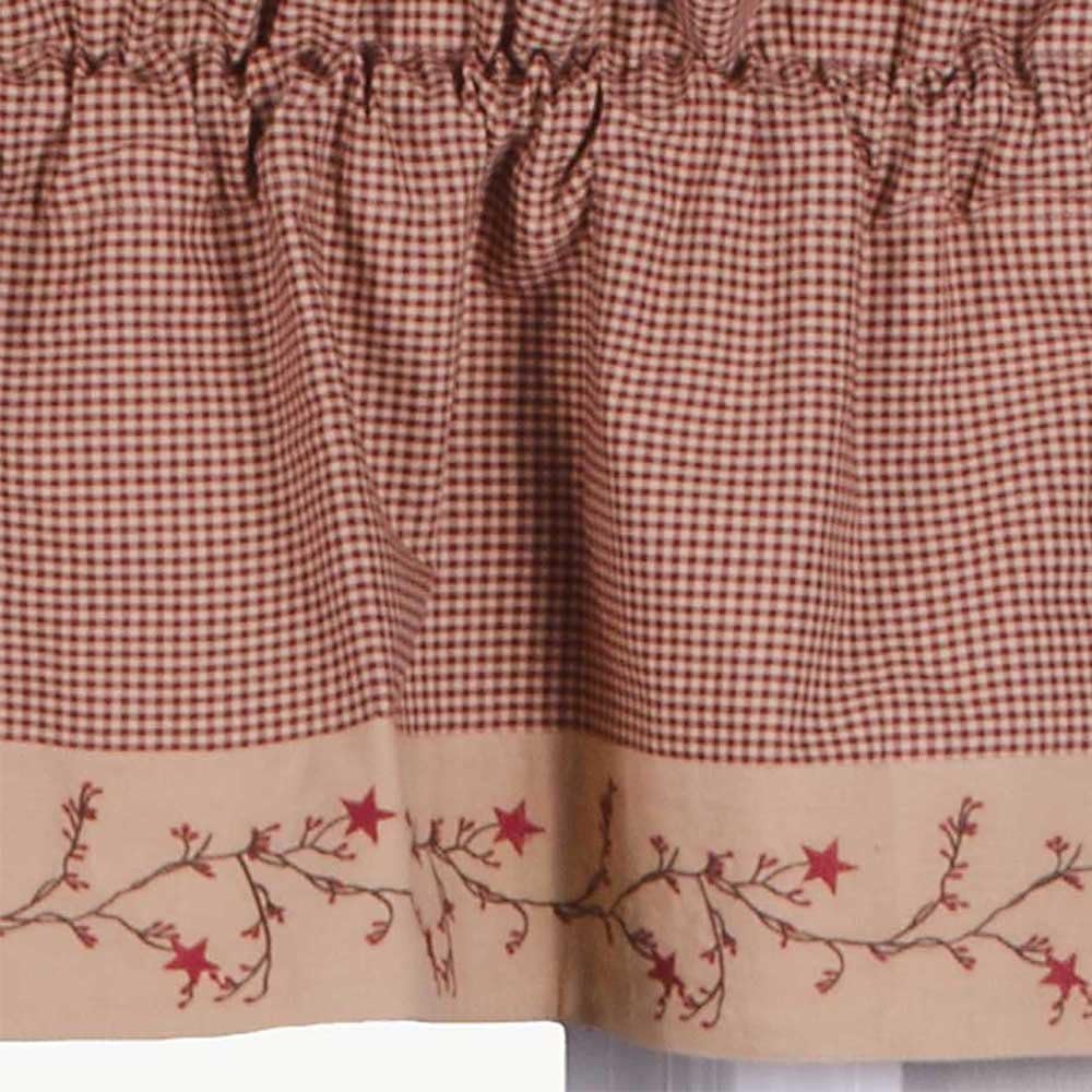 Star Berry Vine Gingham Check Barn Red and Nutmeg 72" Wide x 36" Long Cotton Lined Curtain Swag