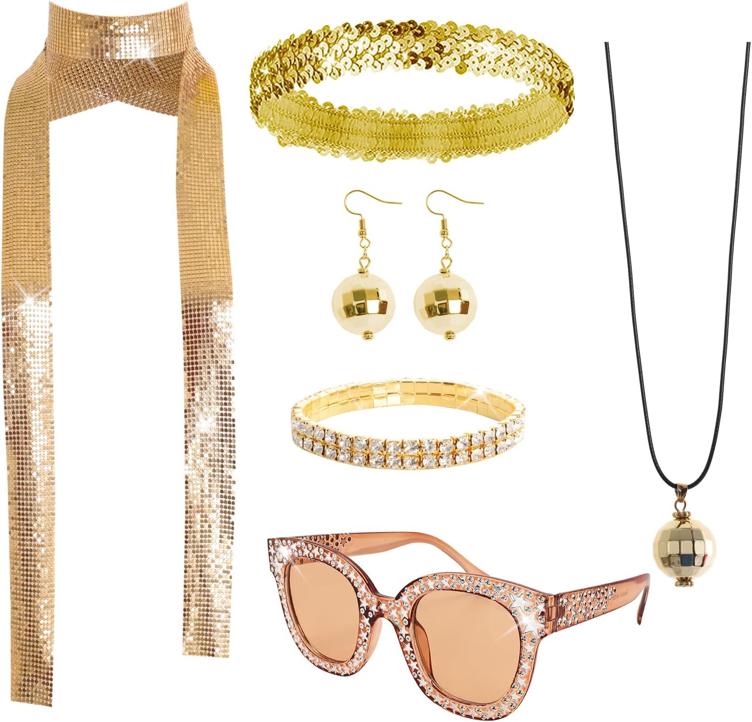 6 Pcs 70s Women Disco Accessories Disco Costume Disco Sequin Scarf Headband Diamond Bracelet Ball Necklace Earring Glasses