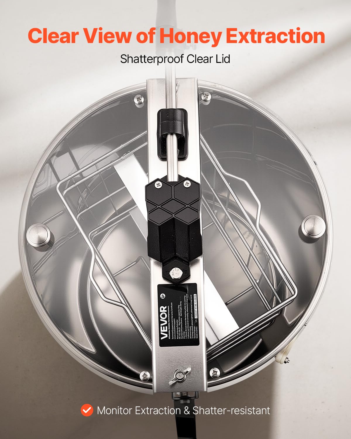 VEVOR Extractor de Miel Manual de Acero Inoxidable 340 mm Centrífuga Separador de Miel 2 Marcos con Tapa Transparente Soporte Altura Ajustable 30-38 cm Equipo de Extracción de Panal para Apicultura