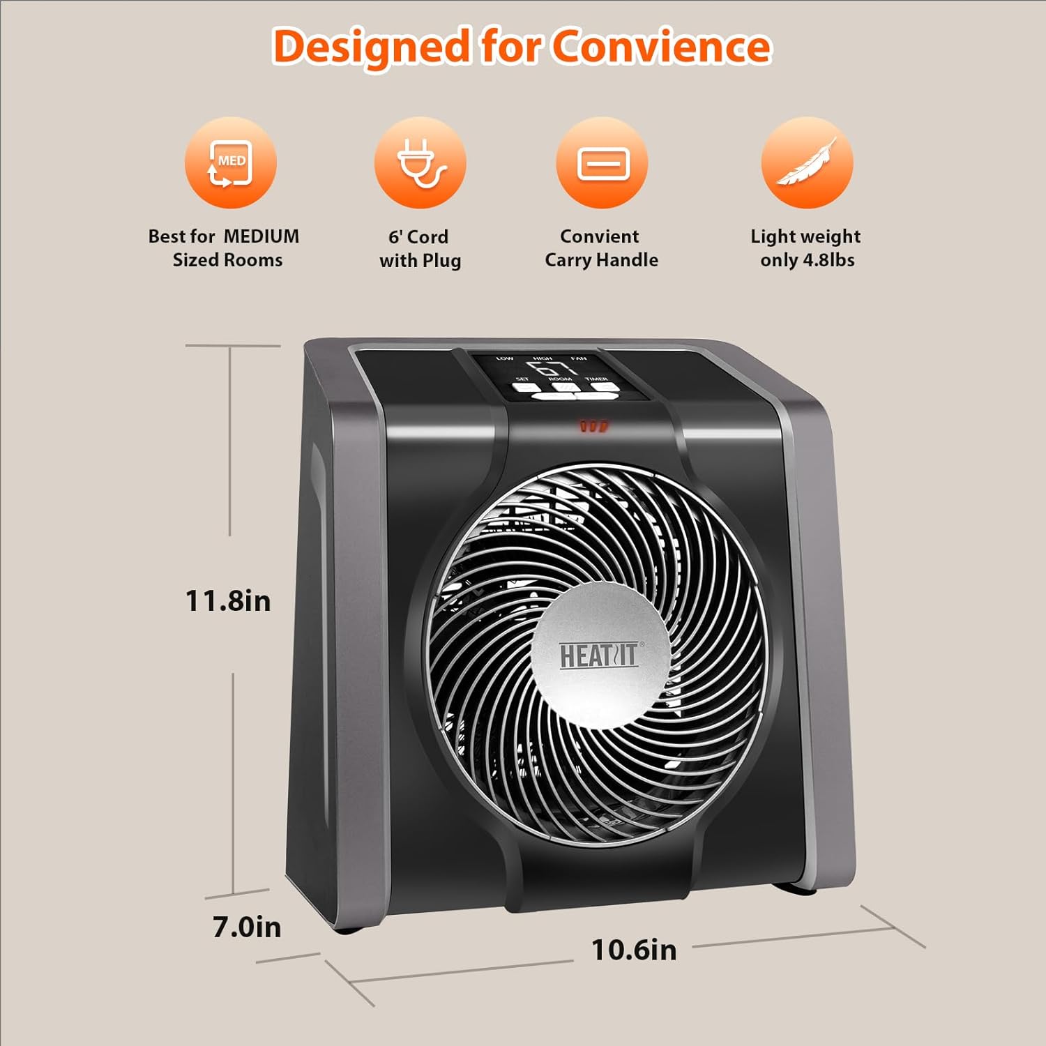 HEATIT Space Heater for Indoor, Digital Display with Thermostat, 1-12H Timer, Fan Mode,1500W/750W, Electric Space Heater for Office, Bedroom,Black,10.6"Dx7.0"W x 11.8"H
