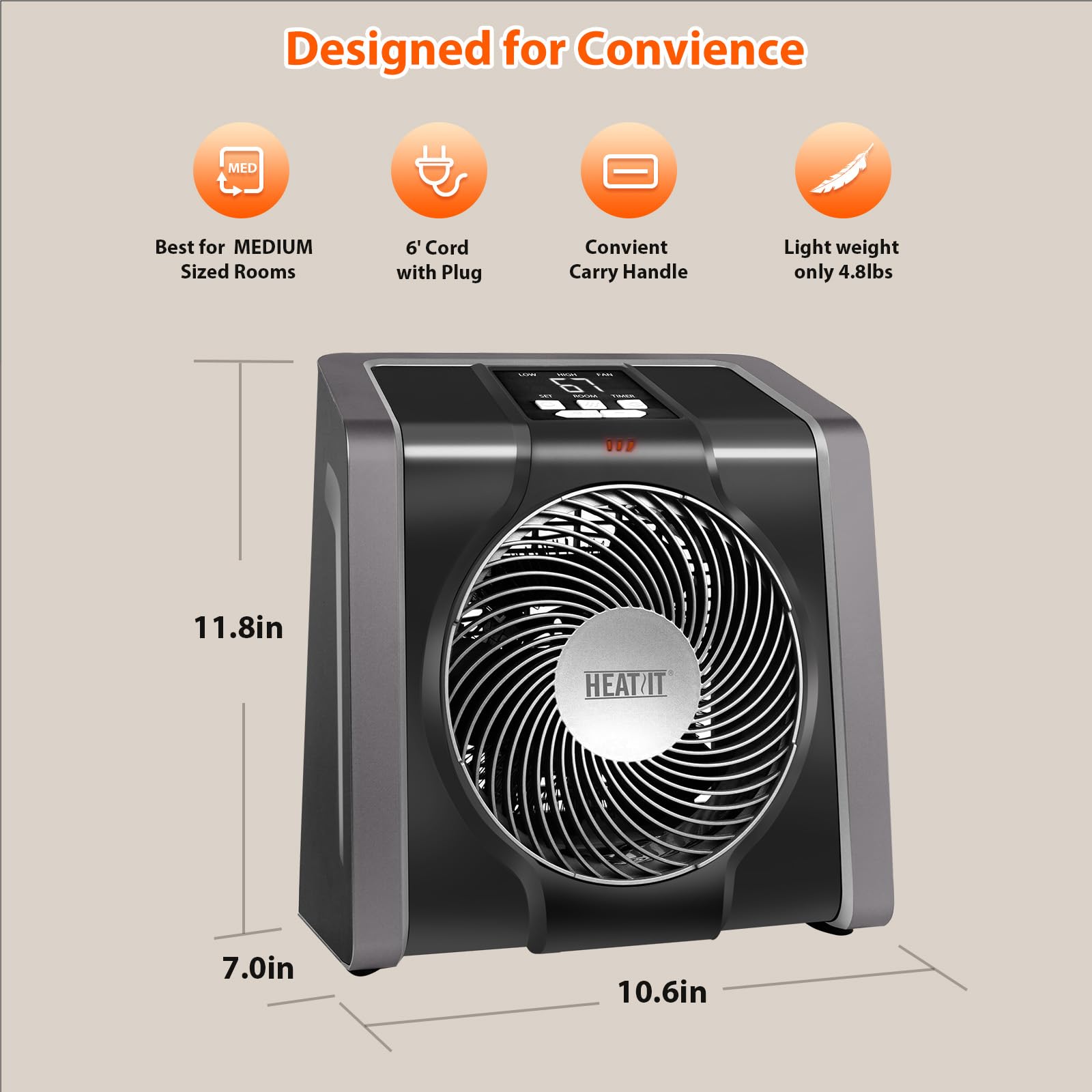 Calentador de espacio para interiores, pantalla digital con termostato, temporizador de 1-12 horas, modo de ventilador, 1500 W/750 W, calentador eléctrico para oficina, dormitorio, negro, 10.6 8
