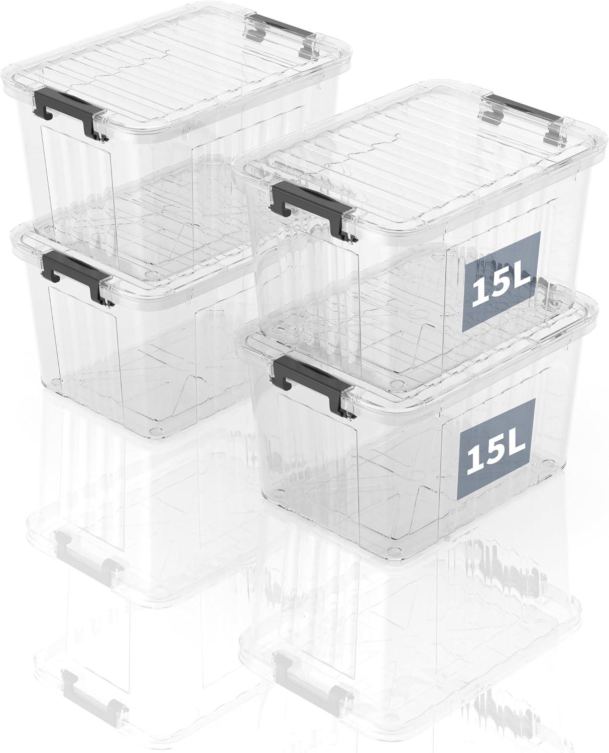 Plastic Storage Boxes with Lid, Striped Storage Box 15L, Stackable Container for Home Office Accessories, Clear Bins, Polypropylene, Transparent, 15L(Set of 4)