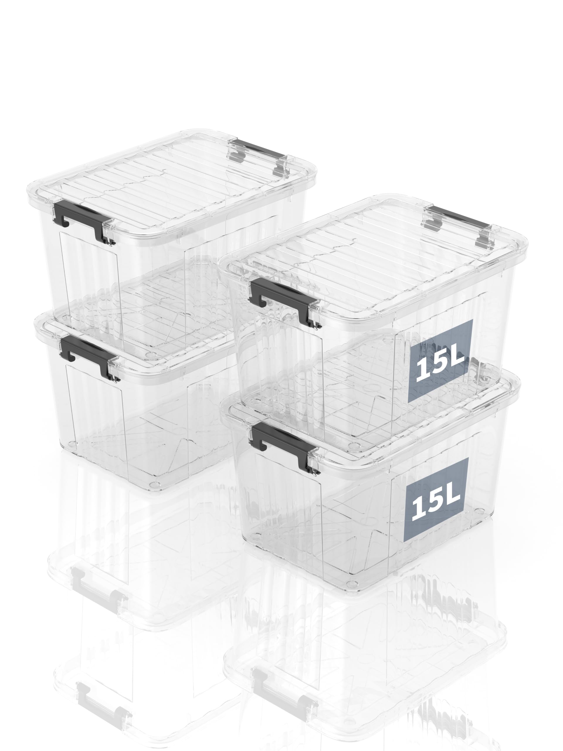 Cajas de Almacenamiento de Plástico con Tapa, Diseño Rayado 15L, Contenedor Apilable Resistente para Hogar, Oficina y Garaje, Transparente de PP, Organizador Versátil, 15L (Paquete de 4)