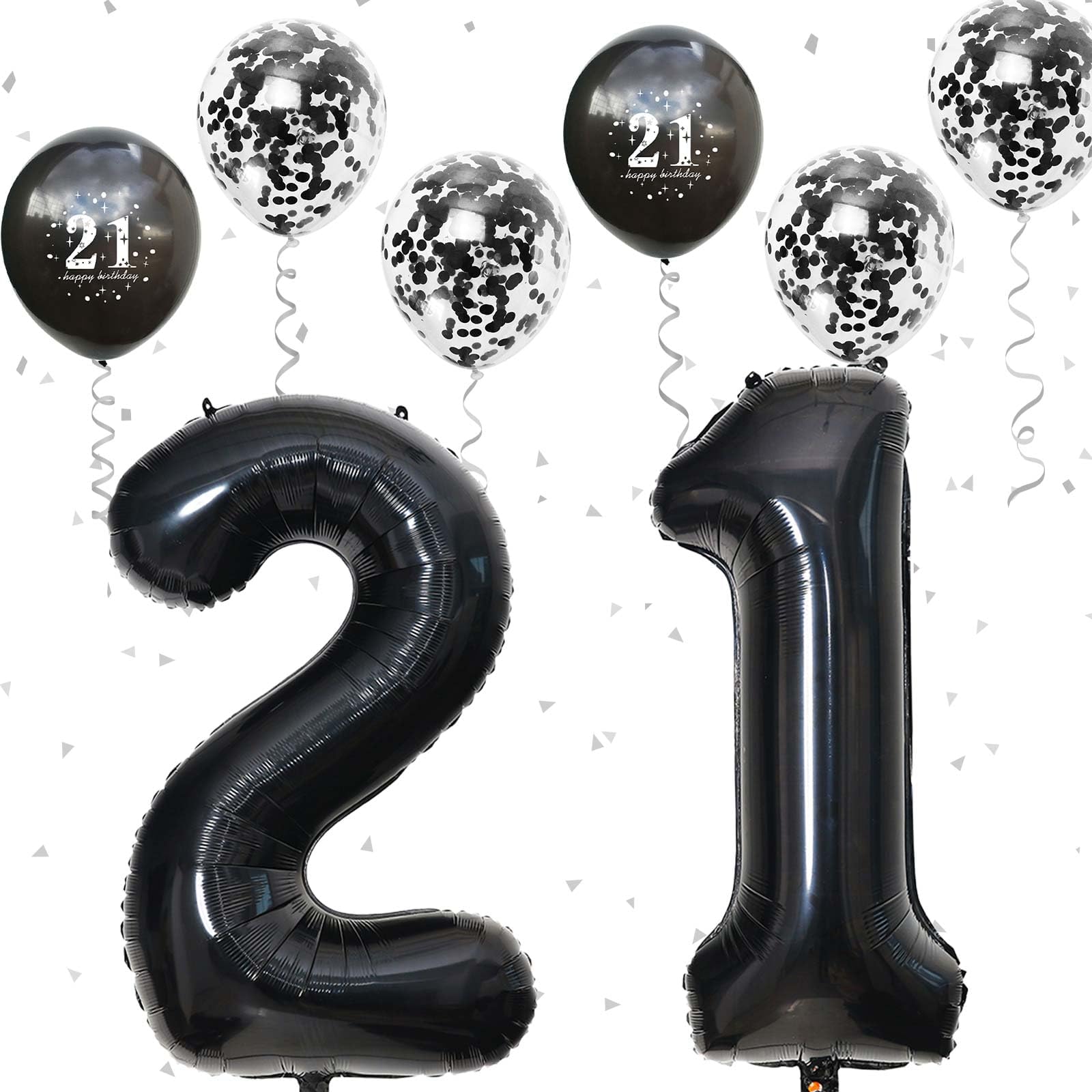21st Birthday Balloons Black, Decorations for Him With Large Number 21 Foil Balloon, Confetti Metallic Black Latex Balloons for Her Girls Boys 21 Years Old Bday Decor