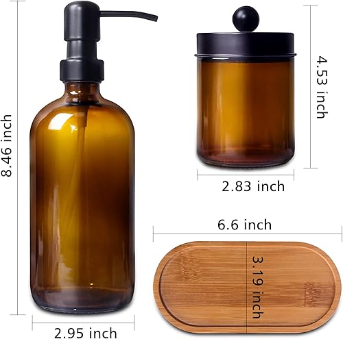 Miniatura 2 de Juego de accesorios de baño, 5 piezas, 2 dispensadores de jabón de vidrio ámbar de 16 onzas con bombas de acero inoxidable, 2 dispensadores de