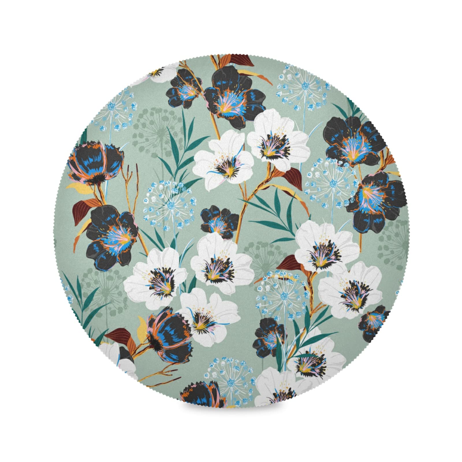 Black White Peach Blossom Flower Round Dining Placemats Set of 6, Heat Resistant Circle Place Mats for Table Decoration