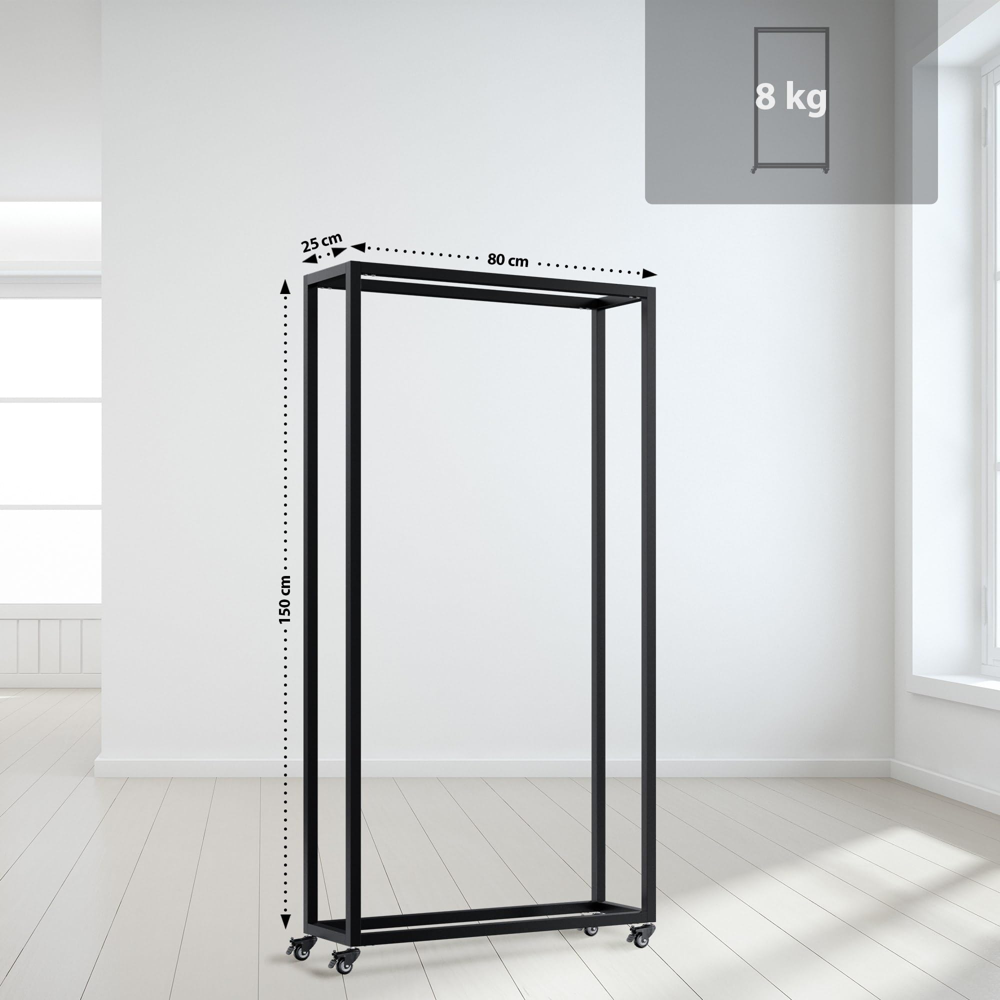 CLP Leñero metálico Interior con Ruedas Hilta, Soporte para Troncos de Metal Resistente, Almacenamiento de leña en el salón, Color:Negro, Tamaño:25x80x150 cm