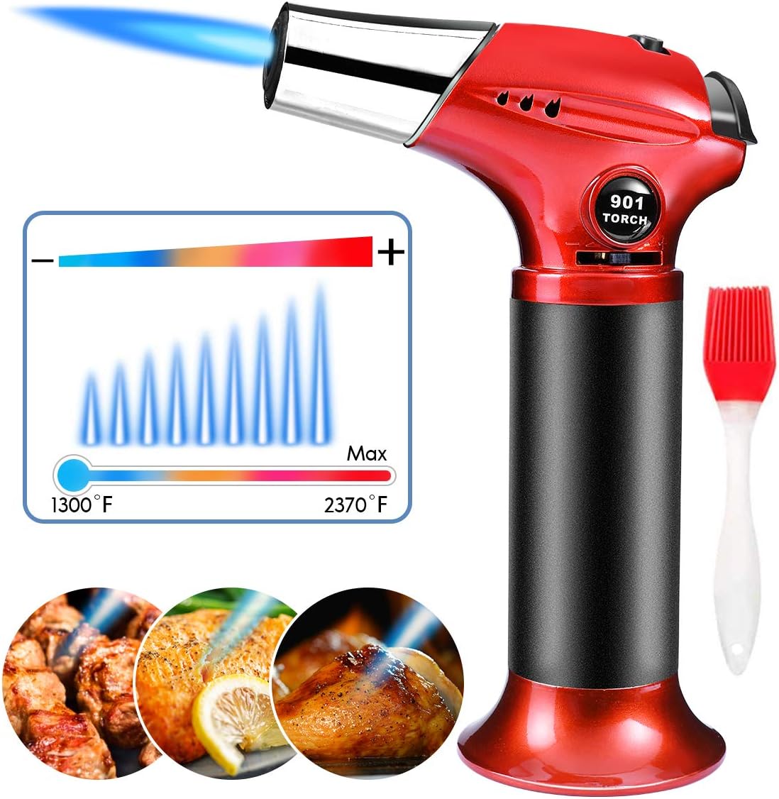 Butane Torch, Cooking Torch Refillable Culinary Torch with Safety Lock Adjustable Flame Mini Blow Torch Lighter for Crafts Cooking BBQ Baking Brulee Creme, Red
