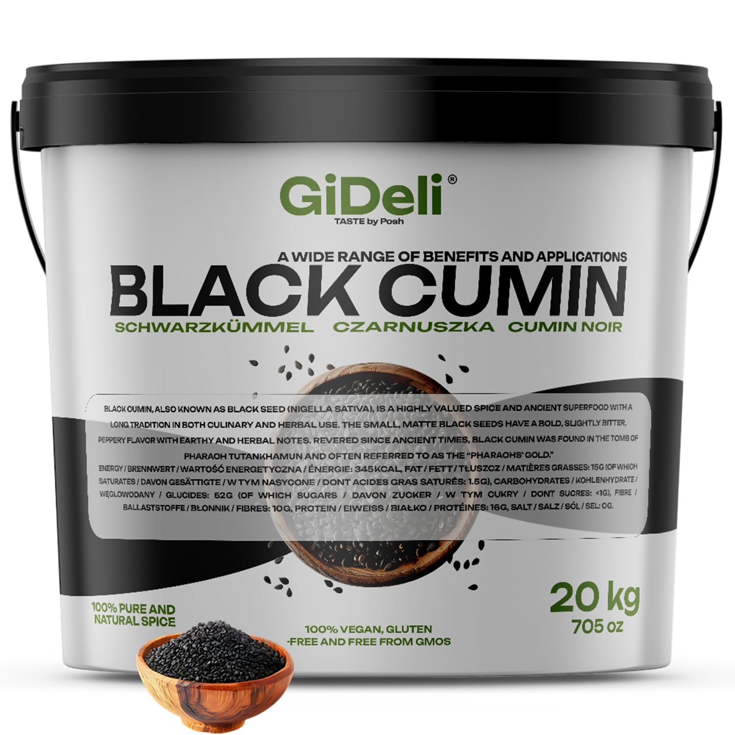 GiDeli Schwarzkümmel Ganz 20kg im Eimer - Echter Nigella Sativa aus Syrien - Tiefes Erdiges Aroma, Schonend Verarbeitet - Frische Ganze Schwarzkümmelsamen Vegan für Brot, Salate, Joghurt & Tee