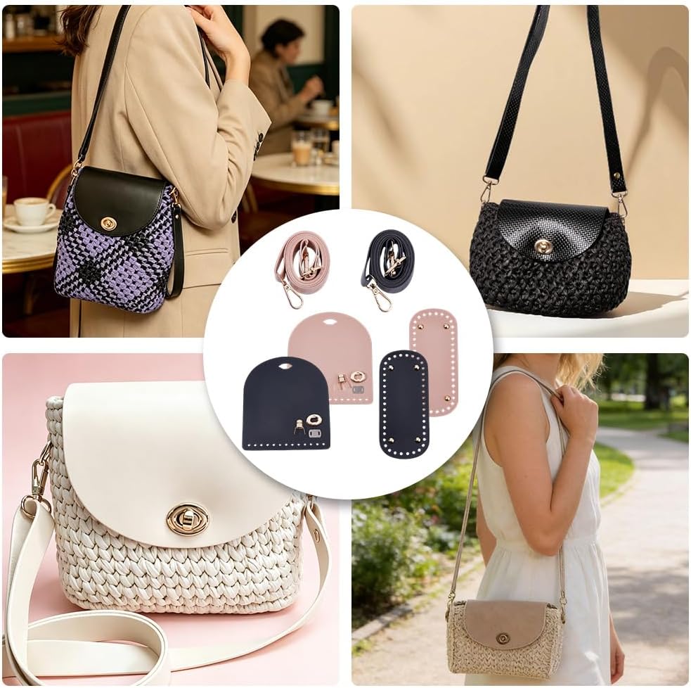 CALFOVERA 2 Colors PU Leather Bag Base Knitting Set Top Flap Cover Handbag Shaper Pad DIY Crochet Purse Bag Oval Bottom Kit Adjustable Shoulder Strap for Crossbody Purse Making Replacement
