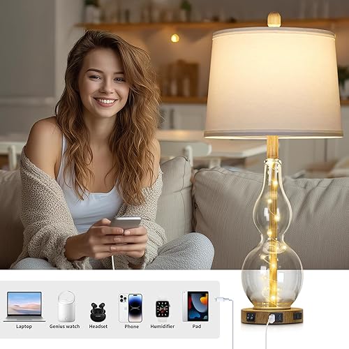 Miniatura 3 de Juego de 2 lámparas de mesa de cristal transparente de 27.5 pulgadas con luz nocturna, lámparas de noche con puertos USB y salida de CA, modernas